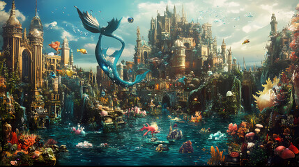 Obraz premium Explore fantastical realms filled with mythical creatures and magic,. Mermaid Kingdom. Illustration