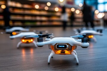Fototapeta premium A futuristic supermarket where shoppers order food using smart devices, and drones deliver it instantly