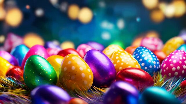 A festive collection of polka-dot Easter eggs surrounded by colorful feathers with a bokeh light background.