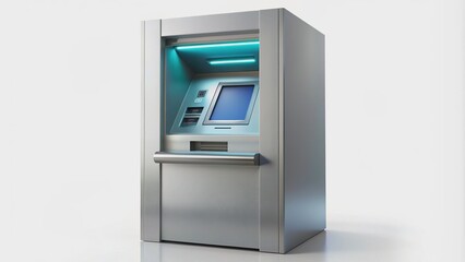 Modern 3D illustration of sleek automatic teller machine with glowing digital screen, isolated on a pure white background, showcasing clean lines and futuristic design.