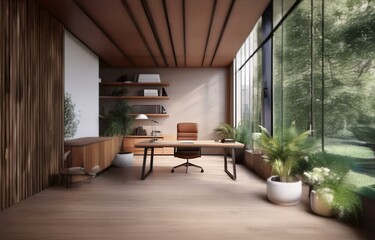 Fototapeta premium Modern home office with wooden floors, a large window with a view of the outdoors, and a desk with a chair.