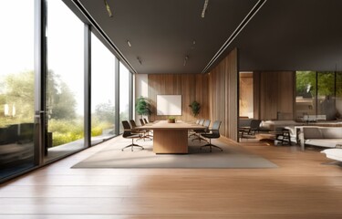 Fototapeta premium A modern conference room with a large wooden table, chairs, and a window overlooking a green landscape.