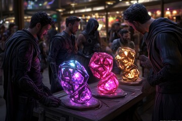 Fototapeta premium A group of adventurers rushing into a fantasy market for a limited-time doorbusters sale, with glowing enchanted items at massive discounts