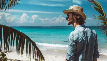 Stylish Man in Straw Hat Enjoying Tropical Beach View - Lifestyle Vacation Concept