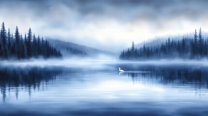 Fototapeta premium Serene Watercolor Landscape with Mist and Swan