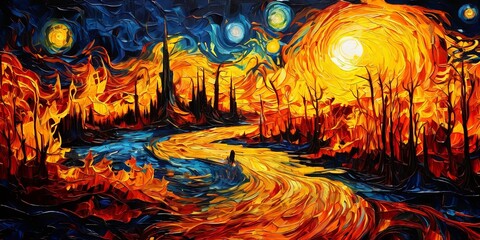 Fototapeta premium A painting of a river with a man in the water