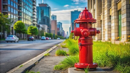 A lone red fire hydrant stands vigil on the roadside, its emergency water valve g 1 2 at the ready, surrounded by urban landscape scenery.