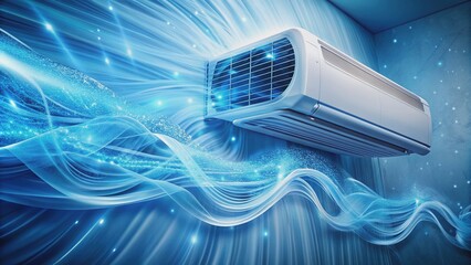 Vibrant blue light waves and icy air currents emanate from an air conditioner, creating a refreshing and cooling atmosphere with crisp, frosty tendrils swirling outward.