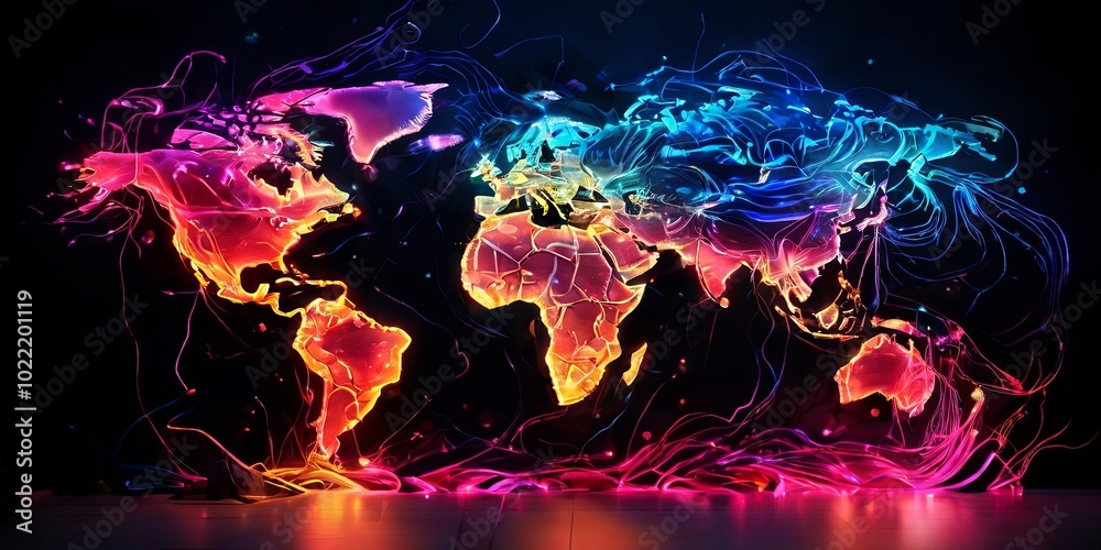 Poster a colorful world map with a neon glow