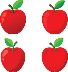 Bright red apples, glossy surface, green leaves, simple vector style, flat design