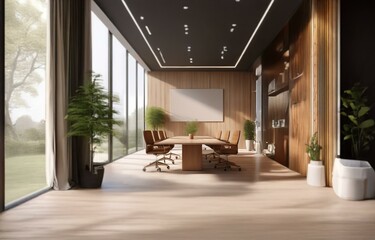 Fototapeta premium A modern conference room with wooden walls, large windows, and a wooden table with chairs.