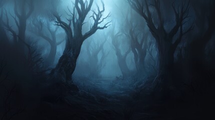 Dark forest with fog. Halloween theme background.