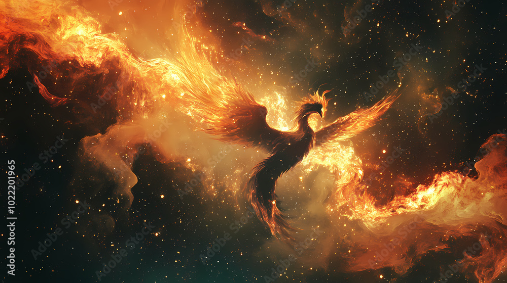 Wall mural flame phoenix in galaxy background by ai generative. phoenix in flames. illustration