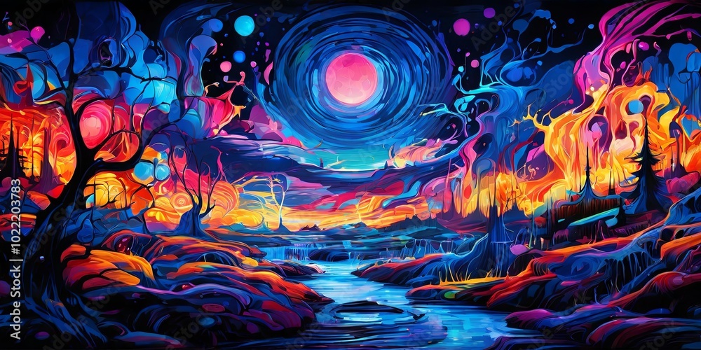 Poster a colorful painting of a landscape with a large red moon in the sky