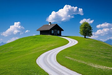 A minimalist image of a simple road leading away from a small house, symbolizing rural migration and the path toward new opportunities