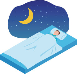 Obraz premium 夜間にベッドで就寝する男性のイラスト