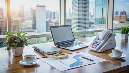 Fototapeta premium Modern office desk with a telephone, laptop, and financial documents scattered on it, conveying a sense of professionalism and expertise in financial planning.