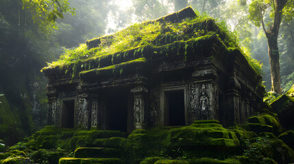 An ancient stone temple covered in moss, hidden deep within a mystical forest