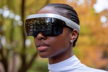 A person wearing smart glasses that overlay augmented reality directions on their path