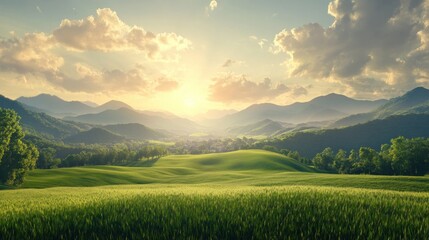Naklejka premium Lush Green Fields Under a Captivating Skyline