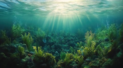 Obraz premium Underwater scene with sunlight and vibrant aquatic vegetation.