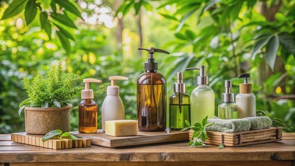 Natural soap bottles and refillable containers sit on a reclaimed wood shelf amidst lush greenery, showcasing eco-friendly home cleaning solutions for sustainable living.