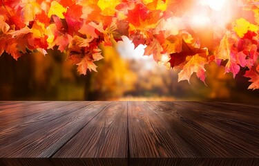 Autumn leaves frame a wooden surface, blurred fall foliage in the background.