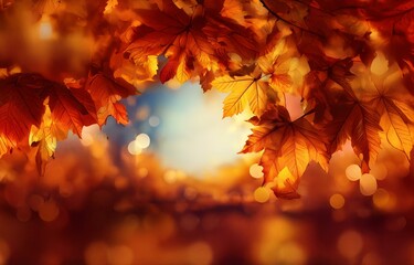 Close-up of vibrant orange and red leaves with a bokeh background of golden light.