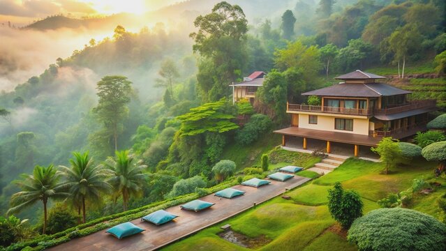 Serene hillside ashram in India set amidst lush green trees, tranquil atmosphere, and misty morning with yoga mats and meditation cushions scattered around.