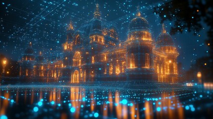 A Wireframe Architectural Structure Illuminated at Night