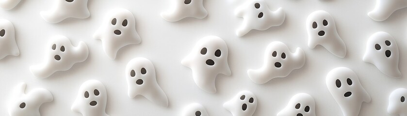 A playful pattern of small white ghost figurines with expressive faces, creating a whimsical Halloween-themed design.