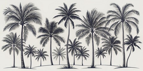 Delicate hand-drawn tropical palms and leaves in black line silhouette, showcasing exotic Hawaiian natural beauty, engraving-style vector beach landscape elements.
