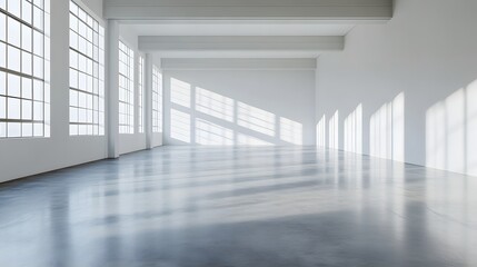 Obraz premium 5. A refined scene of a white building with a minimal design, set in an empty wide space with a polished concrete floor, perfect for a mockup setting, offering ample copy space for branding or text