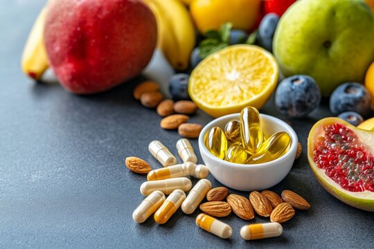 A vibrant breakfast table with fruits, nuts, and a small bowl of vitamin supplements, symbolizing the combination of diet and supplementation for health