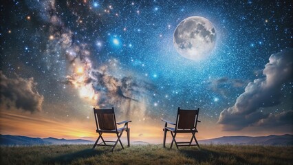 Fototapeta premium Celestial night scene with silhouette of two empty chairs side by side, overlooking a vast starry sky filled with twinkling constellations and a bright moon.