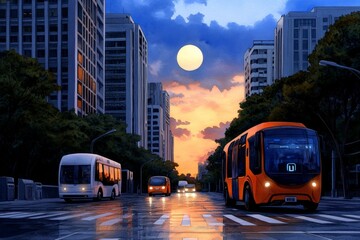 Obraz premium A watercolor artwork of a serene futuristic cityscape at dawn, with electric vehicles quietly moving through the streets