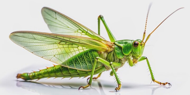 A solitary cricket perches on a transparent background, its delicate wings and antennae intricately detailed, showcasing its vibrant green exoskeleton and curious expression.
