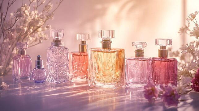 4. A captivating still life scene featuring an array of transparent glass perfume bottles in various colors, set against a gentle light background for a chic perfumery banner