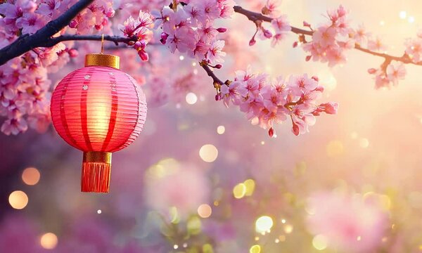 Beautiful cherry blossoms illuminate a lantern during spring in a serene garden at sunset
