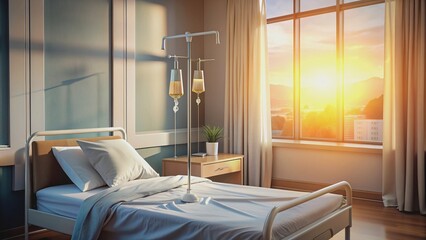 Serene hospital scene with soft lighting focuses on an IV drip suspended above a vacant bed, symbolizing hope and care during patient recovery and treatment.