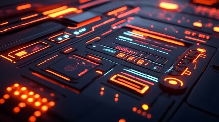 Obraz premium 3. A dynamic 3D rendering of a sleek cyberpunk product podium, featuring angular shapes, glowing interfaces, and a dark, moody environment that highlights futuristic aesthetics