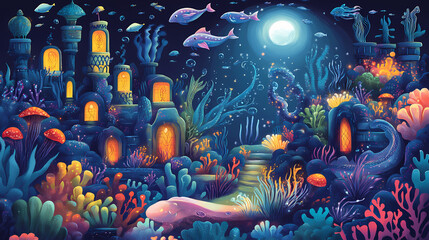 Obraz premium Illustration of a mythical underwater kingdom with mermaids sea monsters and sunken treasures hidden beneath the waves in a world of eternal twilight and enchantment. Mermaid Kingdom. Illustration