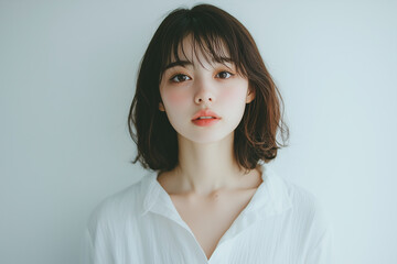 白いシャツを着た日本人女性、アンニュイな雰囲気