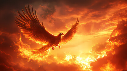 Obraz premium Illustration of a phoenix soaring against a backdrop of a dramatic sunset sky behind the mythical creature. Phoenix in Flames. Illustration