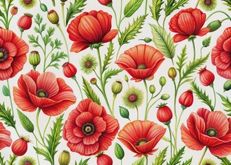 Vibrant seamless pattern featuring bright red poppy flowers and seed pods on a white background, perfect for interior decoration, textile printing, and design projects.