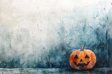 A spooky, artistic depiction of a carved pumpkin on a textured, muted background, evoking the essence of Halloween.
