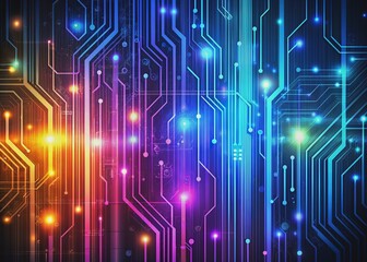 Obraz premium Vibrant digital circuit lines and binary code pattern create a futuristic technology abstract background, evoking themes of innovation, security, and data privacy.