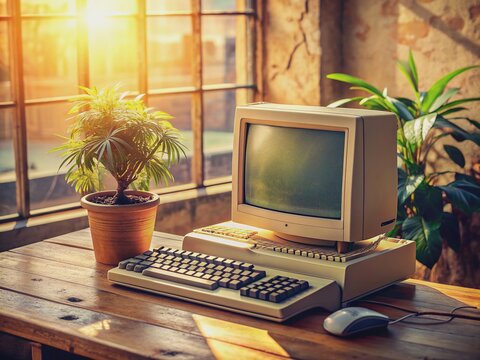 Retro desktop setup with vintage computer, worn keyboard, and a thriving potted plant, surrounded by dusty cords and faded papers in warm sunlight.