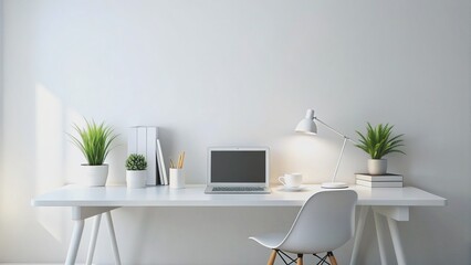 Clean and minimalist white workspace table with ample copy space in the middle, perfect for adding your creative ideas, designs, and inspiration.