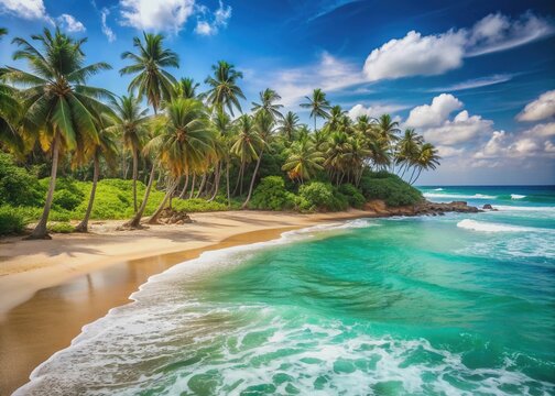 Serene turquoise ocean waves gently lap at the powdery white sand of a picturesque tropical beach in Sri Lanka, surrounded by lush green palm trees.
